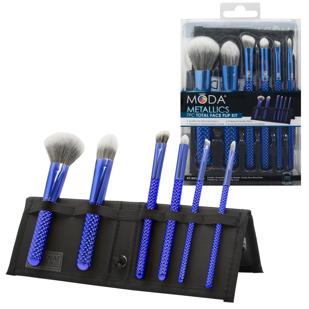 MSET-TF7BL - MODA® Metallics 7pc Blue Total Face Kit Makeup Brushes in Flip Case and Retail Packaging