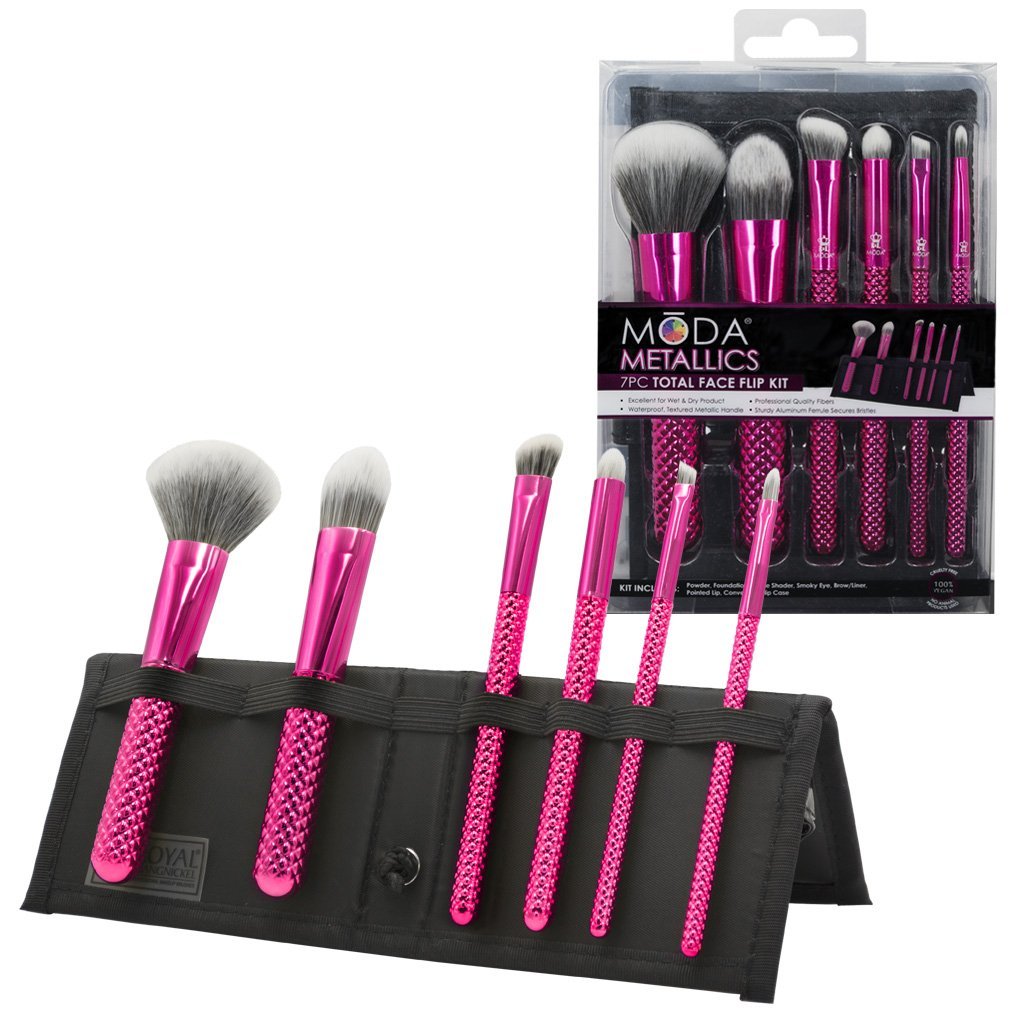 MSET-TF7HP - MODA® Metallics 7pc Hot Pink Total Face Kit Makeup Brushes in Flip Case and Retail Packaging
