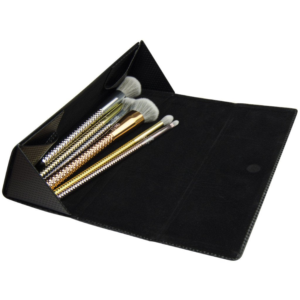 Partially folded brush case, open with brushes inside (not included)