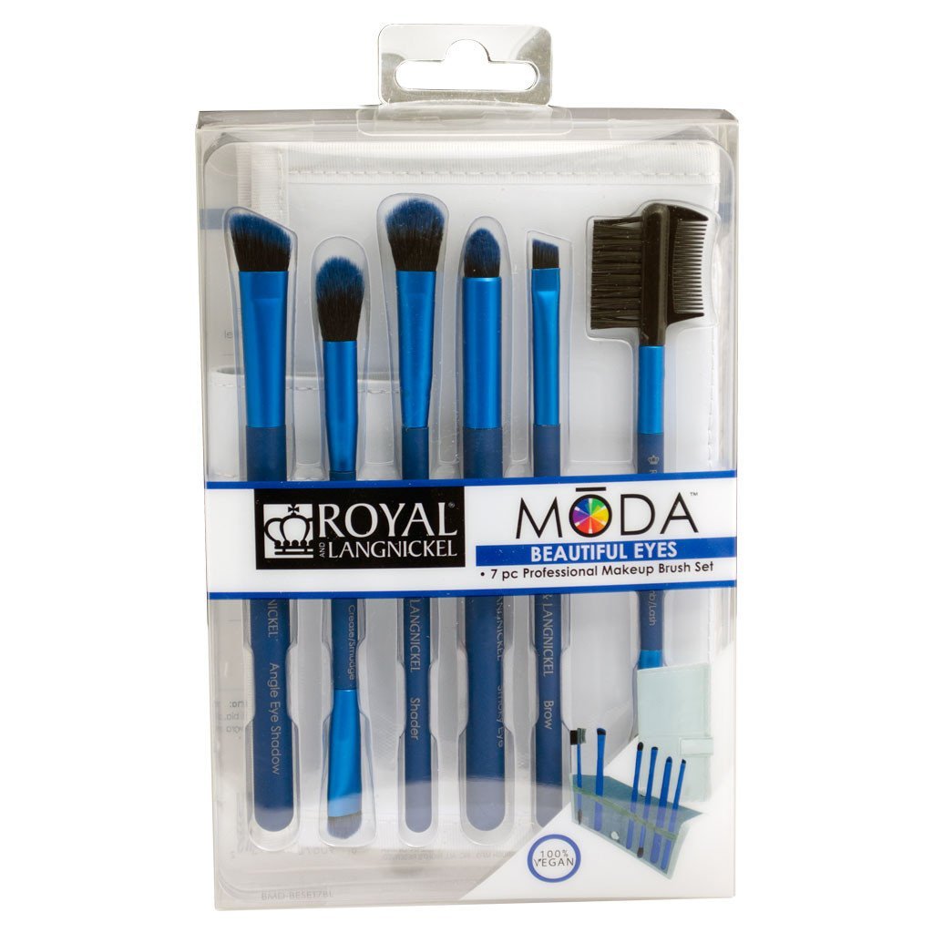 BMD-BESET7BL - MODA® BEAUTIFUL EYES 7pc Blue Brush Kit Makeup Brushes in Retail Packaging