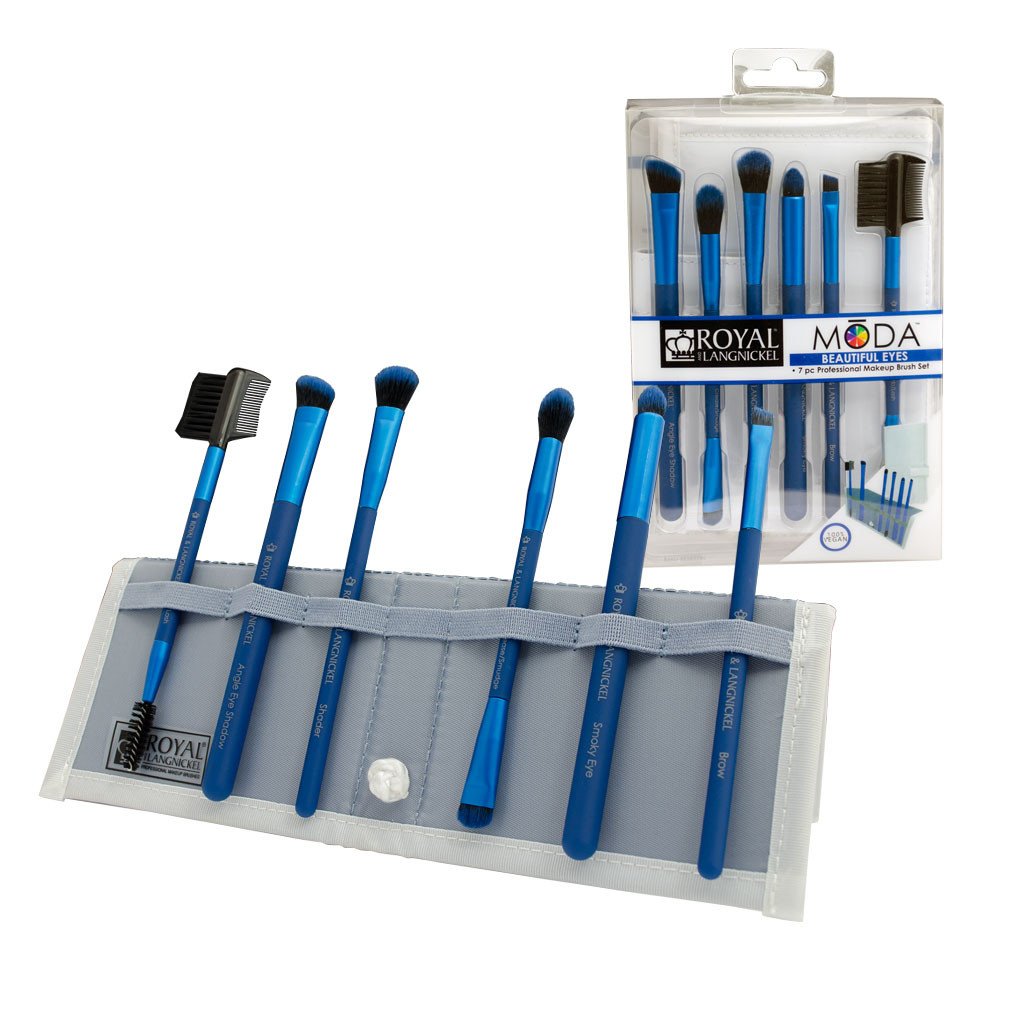 BMD-BESET7BL - MODA® BEAUTIFUL EYES 7pc Blue Brush Kit Makeup Brushes in Flip Case and Retail Packaging