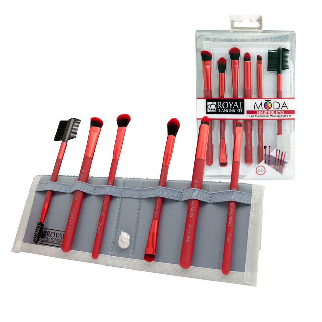 BMD-BESET7RD - MODA® BEAUTIFUL EYES 7pc Red Brush Kit Makeup Brushes in Flip Case and Retail Packaging