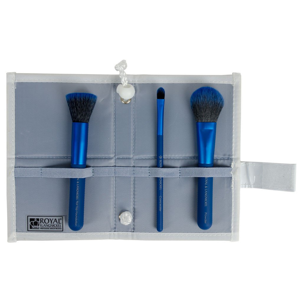 BMD-CPSET4BL - MODA® COMPLEXION PERFECTION 4pc Blue Brush Kit Makeup Brushes in Flat Flip Case