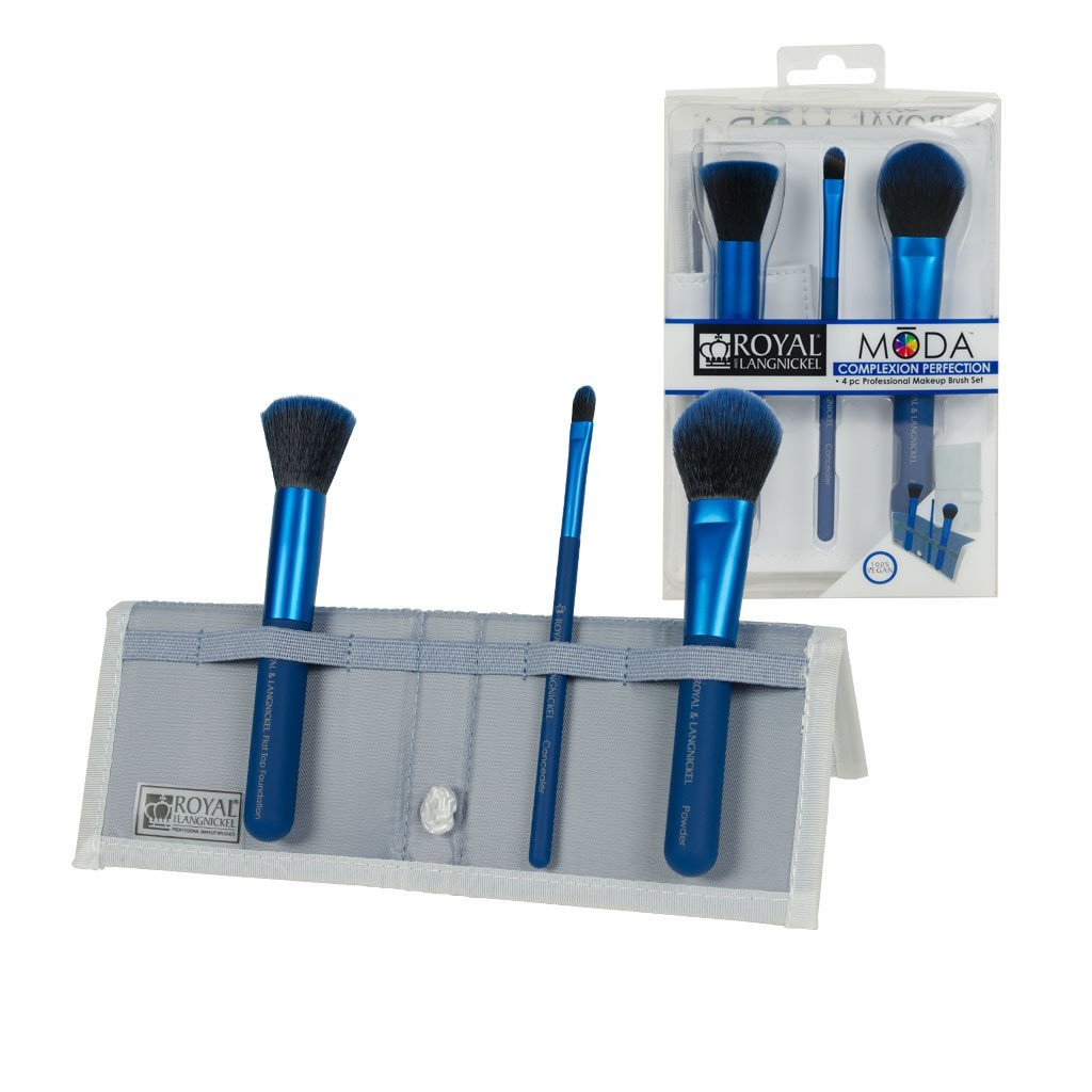 BMD-CPSET4BL - MODA® COMPLEXION PERFECTION 4pc Blue Brush Kit Makeup Brushes in Flip Case and Retail Packaging