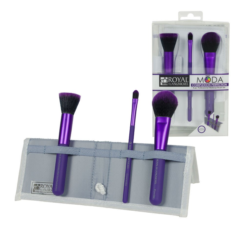 BMD-CPSET4PU - MODA® COMPLEXION PERFECTION 4pc Purple Brush Kit Makeup Brushes in Flip Case and Retail Packaging