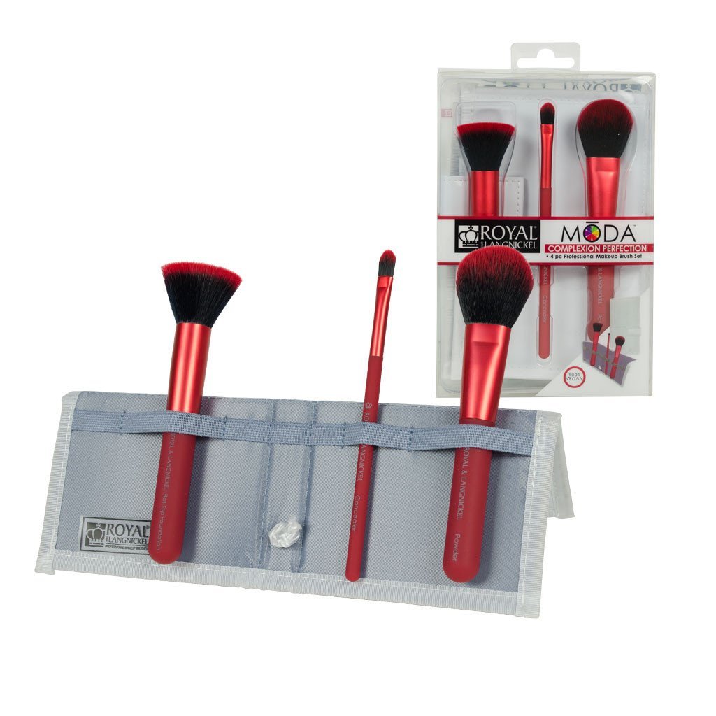 BMD-CPSET4RD - MODA® COMPLEXION PERFECTION 4pc Red Brush Kit Makeup Brushes in Flip Case and Retail Packaging