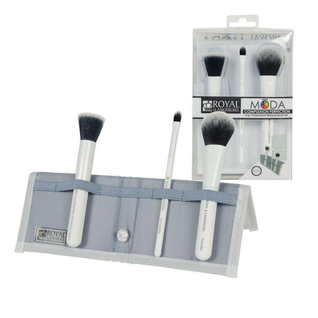 BMD-CPSET4WH - MODA® COMPLEXION PERFECTION 4pc White Brush Kit Makeup Brushes in Flip Case and Retail Packaging