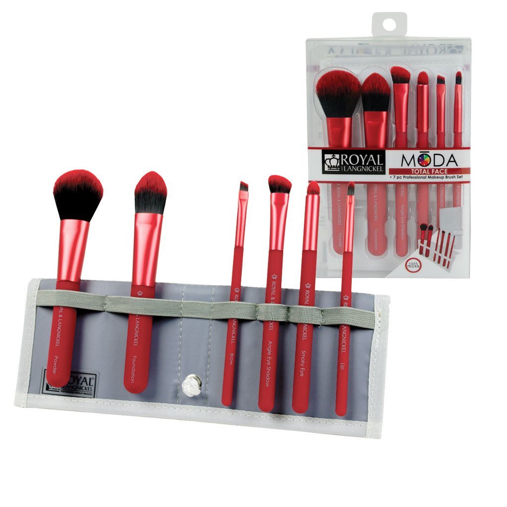 BMD-TFSET7RD - MODA® TOTAL FACE 7pc Red Brush Kit Makeup Brushes in Flip Case and Retail Packaging