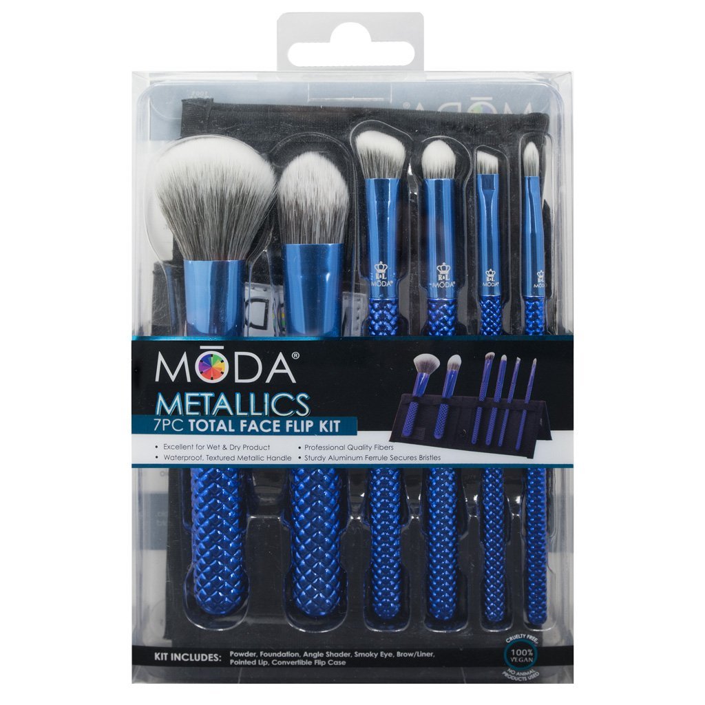 MSET-TF7BL - MODA® Metallics 7pc Blue Total Face Kit Makeup Brushes in Retail Packaging