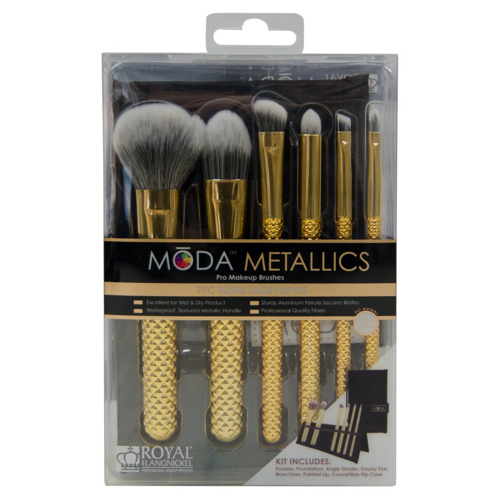 MSET-TF7GD - MODA® Metallics 7pc Gold Total Face Kit Makeup Brushes in Retail Packaging