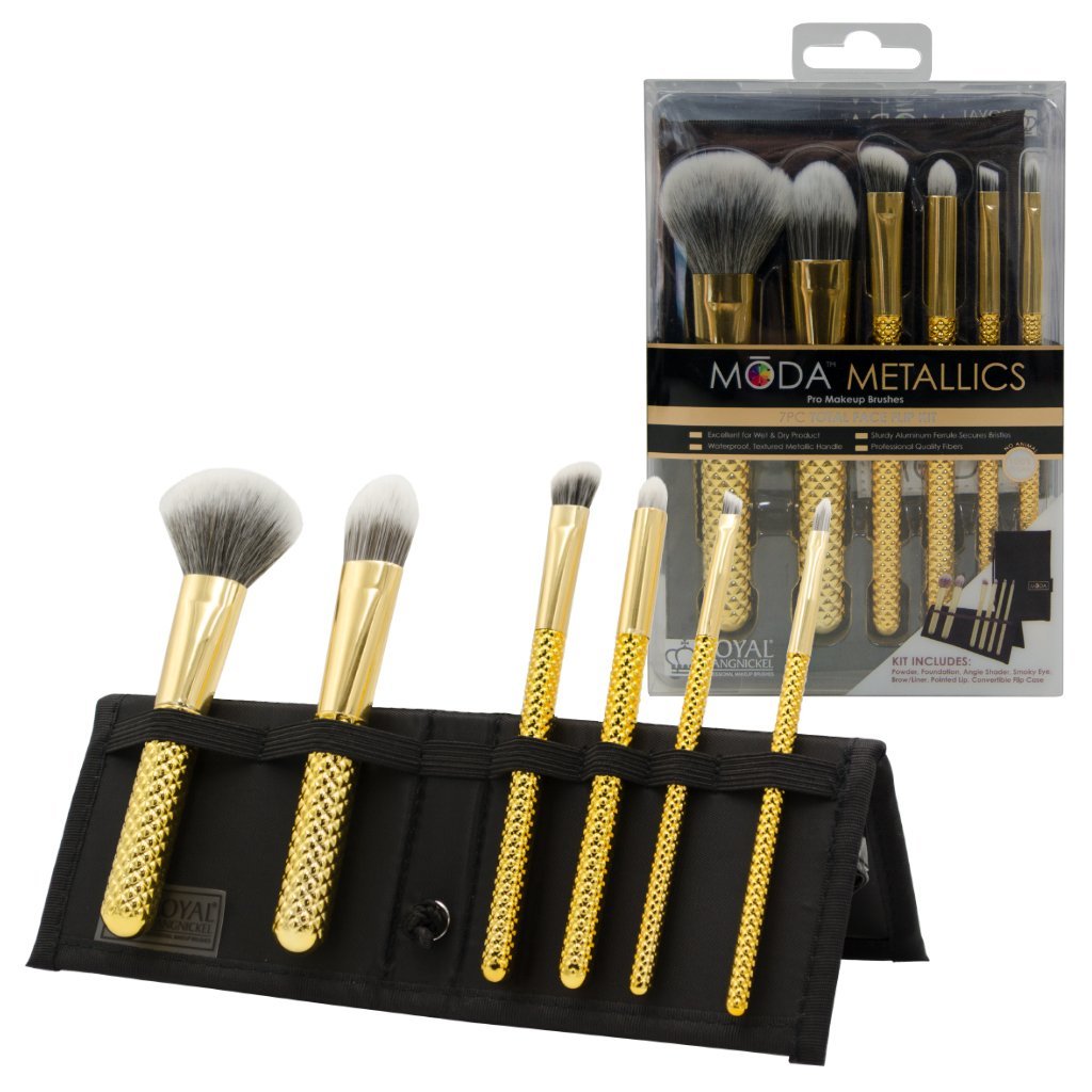 MSET-TF7GD - MODA® Metallics 7pc Gold Total Face Kit Makeup Brushes in Flip Case and Retail Packaging