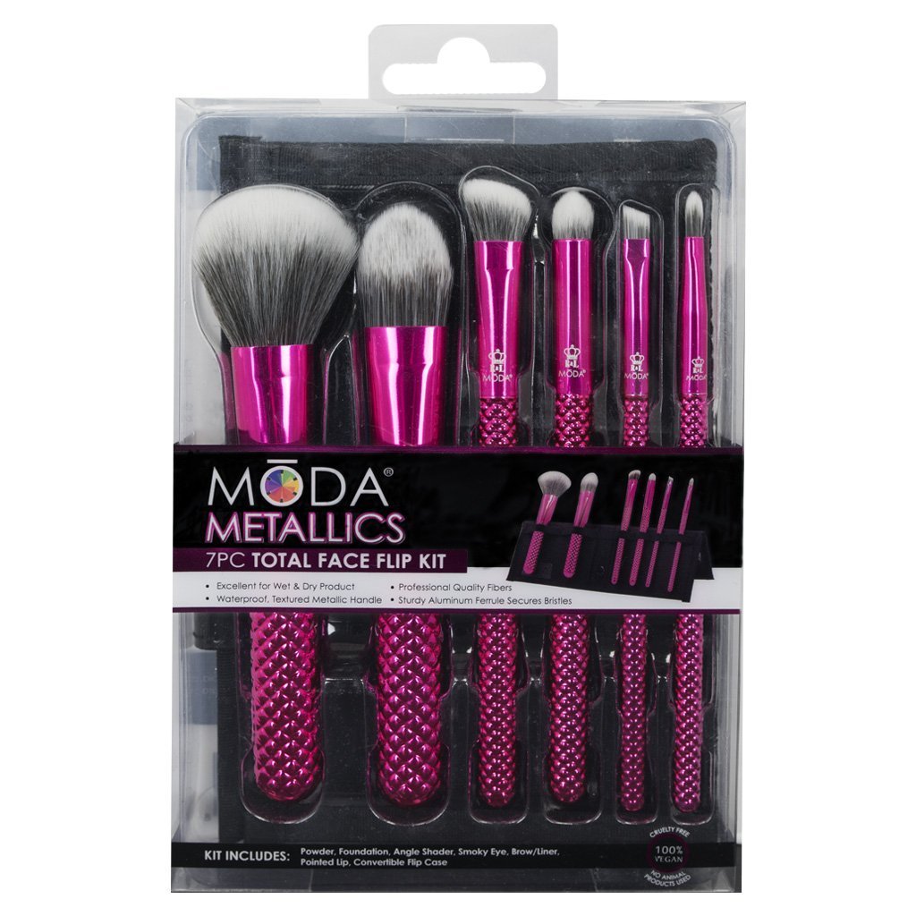 MSET-TF7HP - MODA® Metallics 7pc Hot Pink Total Face Kit Makeup Brushes in Retail Packaging