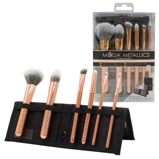 MSET-TF7RG - MODA® Metallics 7pc Rose Gold Total Face Kit Makeup Brushes in Flip Case and Retail Packaging