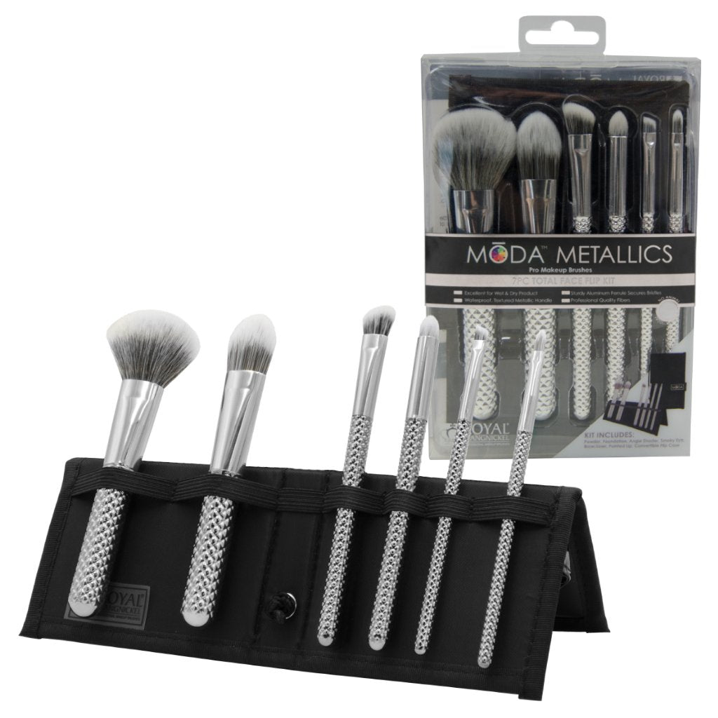 MSET-TF7SL - MODA® Metallics 7pc Silver Total Face Kit Makeup Brushes in Flip Case and Retail Packaging